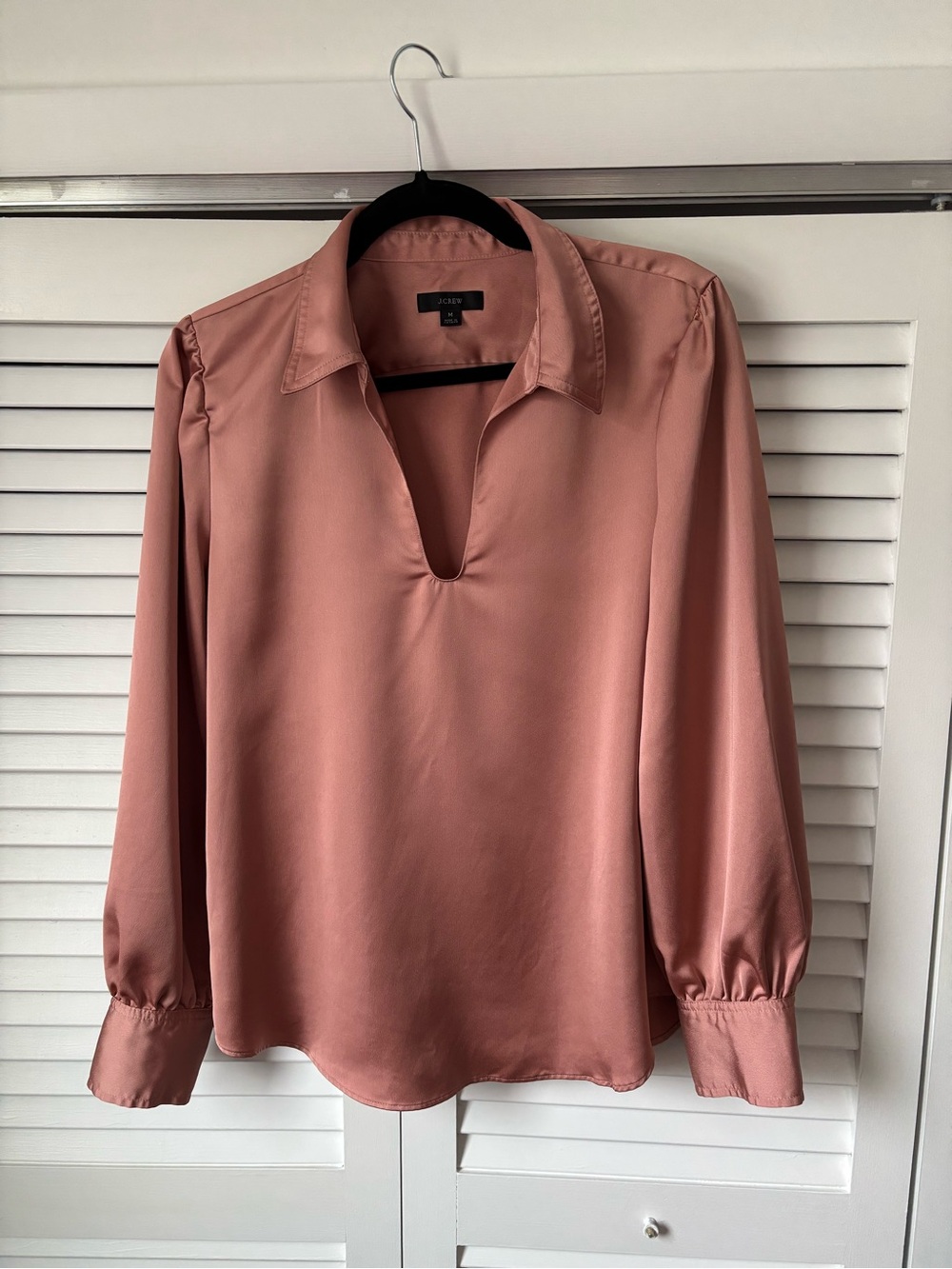 J. Crew Blush Satin V-Neck Collared Long Sleeve Blouse